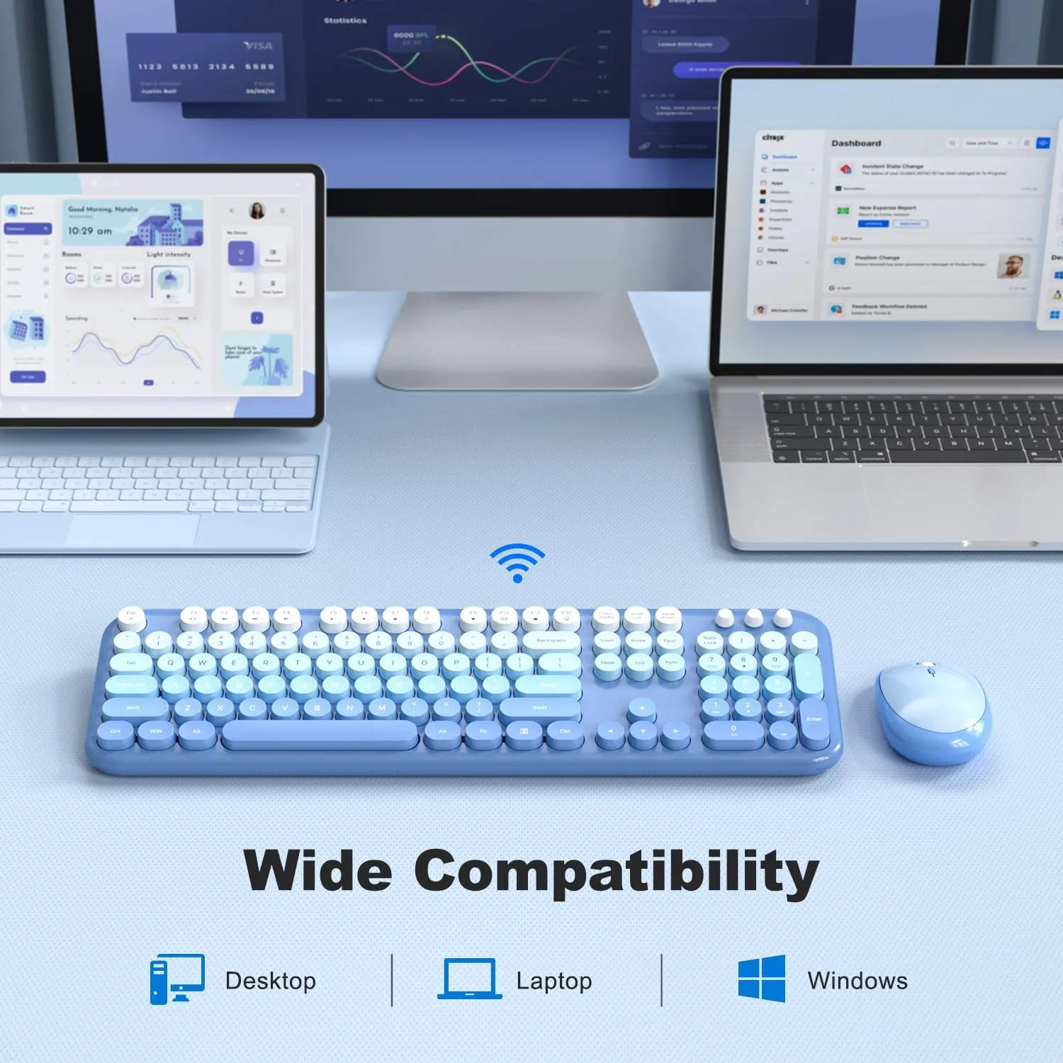MOFII Wireless Keyboard and Mouse Combo, Computer Full Size 2.4G Plug and Play Wireless Typewriter Retro Round Keyboard and Mouse Set for Windows, Computer, Desktop, PC, Notebook - (Light Blue)