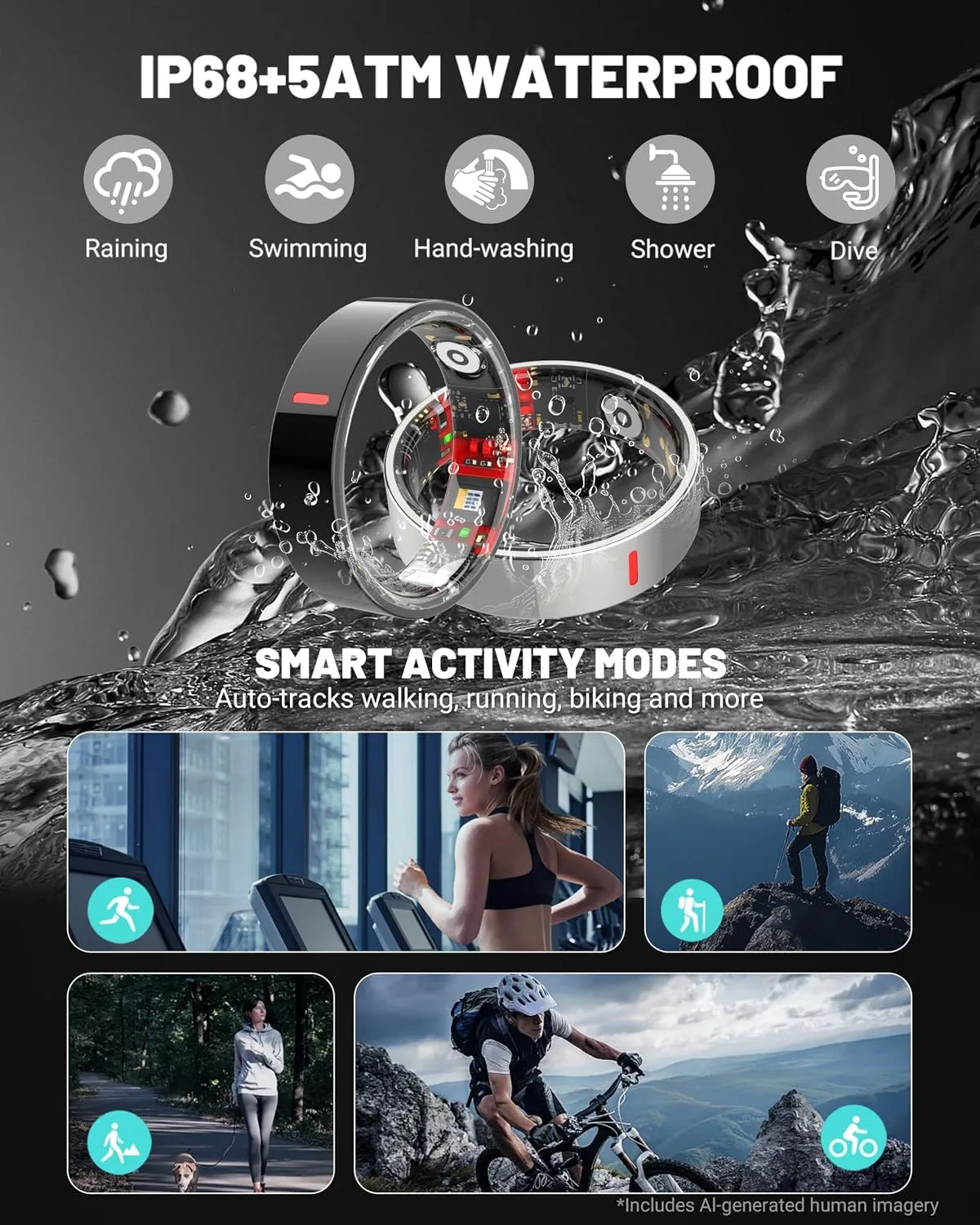 smart Ring with Charge Case Health Tracker for Men Women, Sleep Stress Exercise Health Monitoring, IP68 Waterproof, Long Battery Life, No Subscription, iOS Android Compatible, Black, 11#