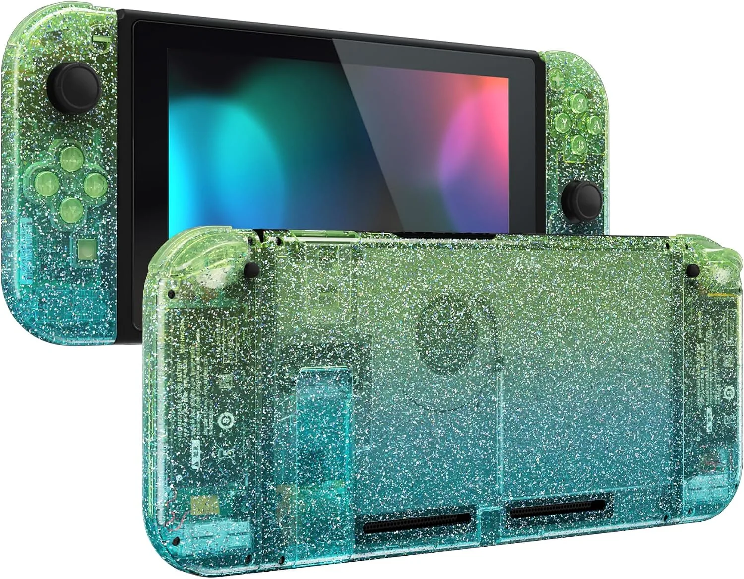 eXtremeRate DIY Replacement Shell Buttons for Nintendo Switch, Custom Back Plate for Switch Console, Housing Case with Colorful Buttons for Joycon Handheld - Glitter Gradient Translucent Green Blue