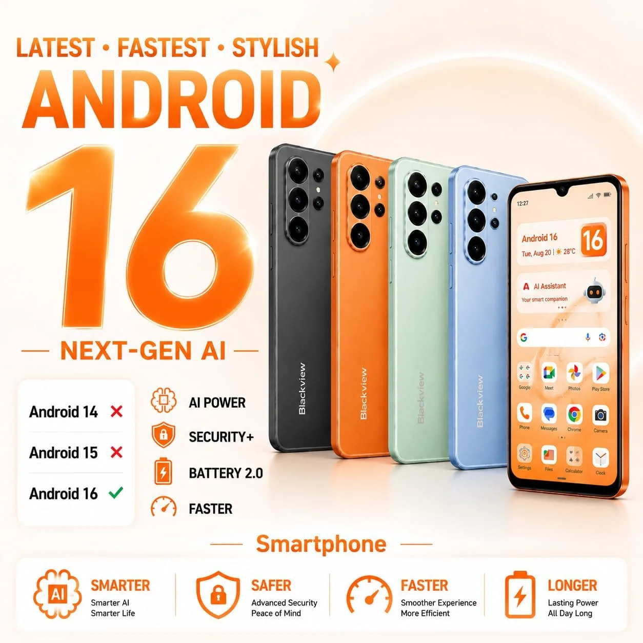 Blackview Wave 10C Android Phone Unlocked 6.88" Large Screen, Android 16 Unlocked Smartphones 16(4+12) GB+128GB/1TB, 32MP+13MP, Dual SIM/Face ID/GPS/OTG, Only for T-Mobile, Orange
