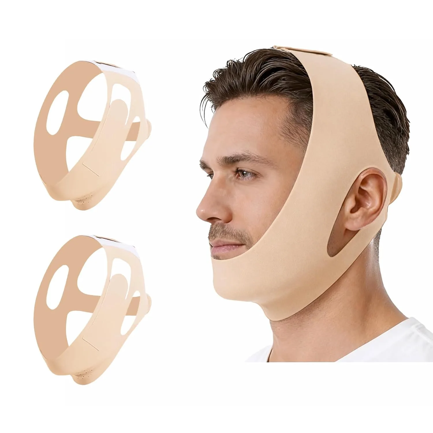Collagen Face Sculpt Wrap, Jawline Strap, Jaw Shaper for Men, V-Line Lifting Mask, Reusable & Washable for Sleep & Daily Wear (Beige-2PCS)