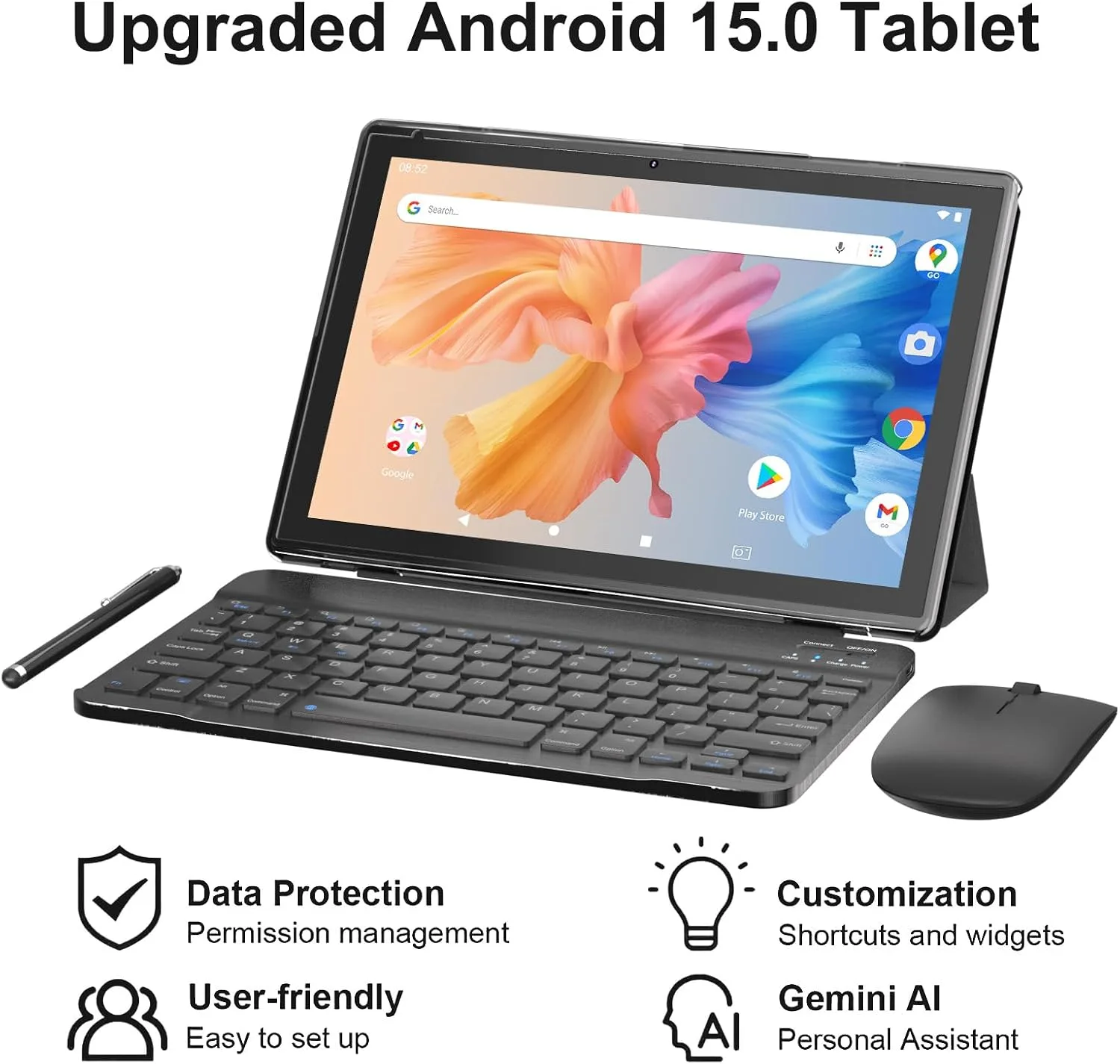 BYANDBY Android 14, 2 in 1 Tablet with Keyboard, 10 inch Tablets, 8GB+64GB/1TB Expand, 2.4G+5G+Wi-Fi 6, Dual Camera, 6000 mAh, BT, GMS, Games, with Case (Black)