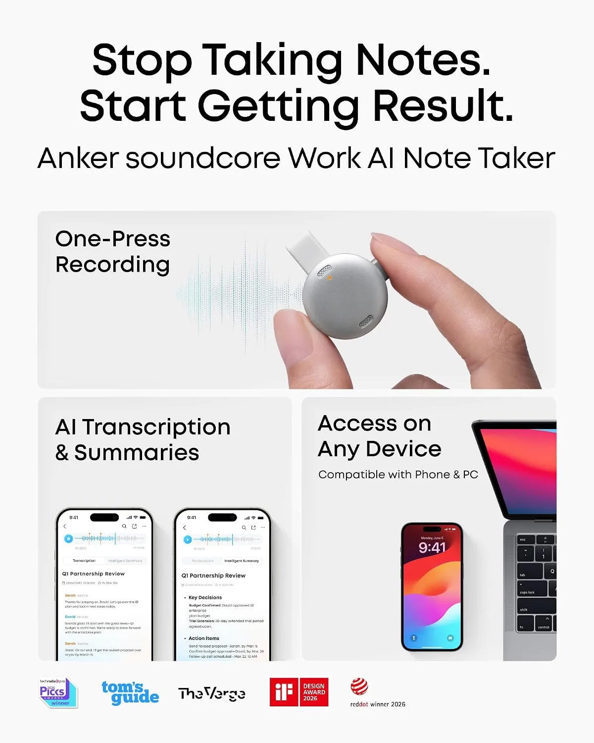soundcore Work by Anker, Coin-Sized AI Voice Recorder, 64GB, MFi Certified