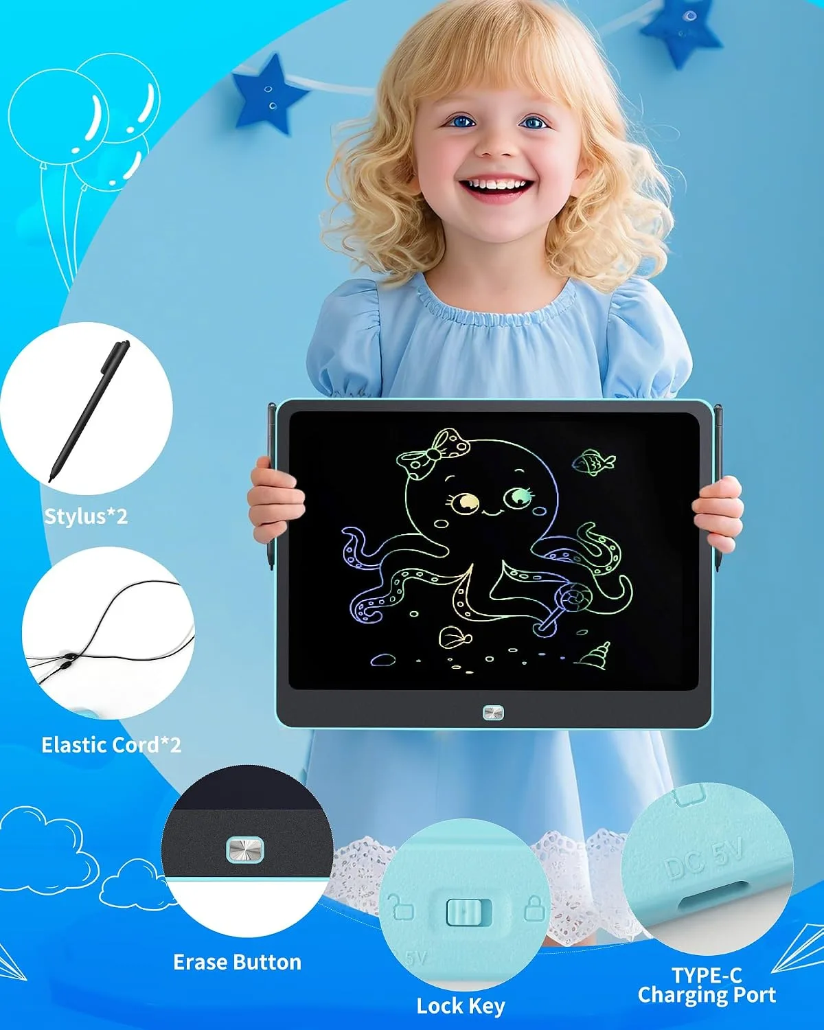 Rechargeable LCD Writing Tablet for Kids, 16 Inch Colorful Drawing Tablet, Educational Toddler Drawing Pad, ​Reusable Learning Toys for Kids (Ages 3-8), Ideal Gift for Christmas Birthday (Blue)
