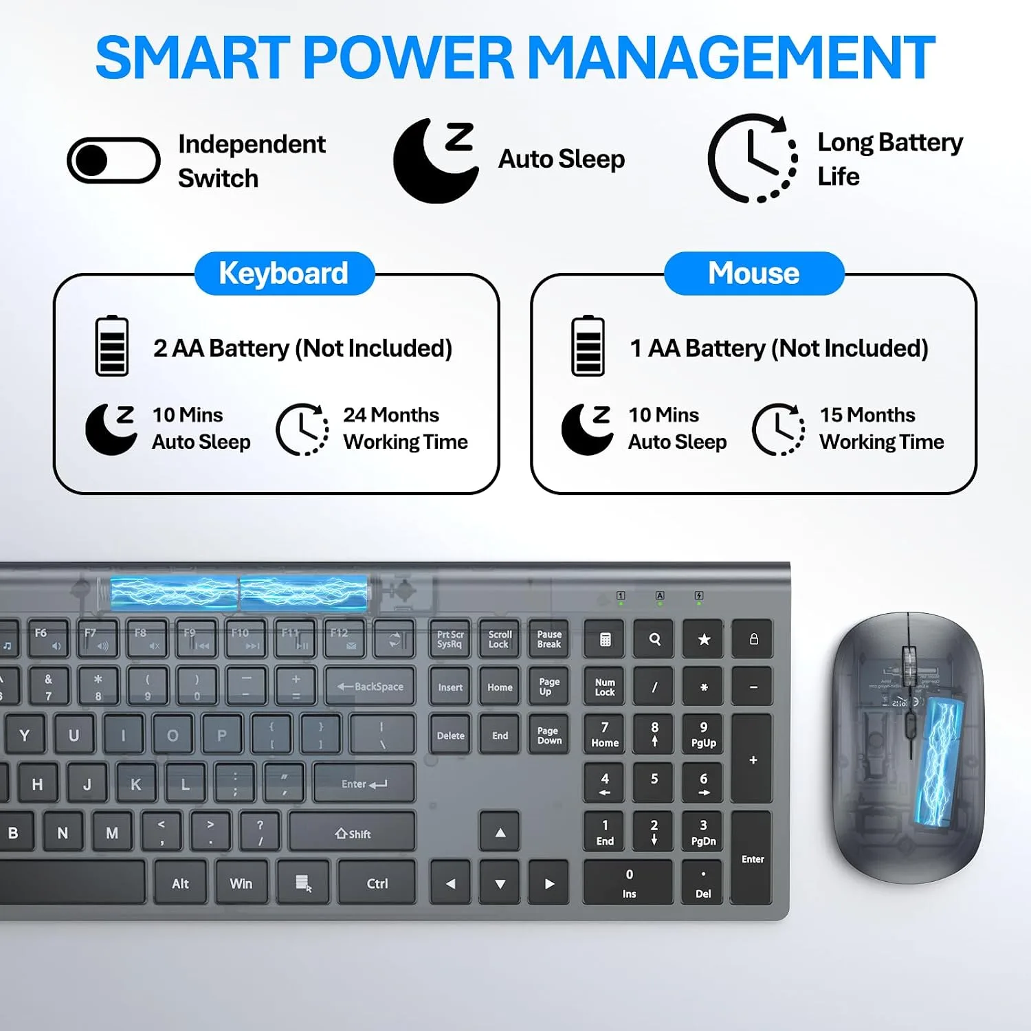 Wireless Keyboard and Mouse Combo, Ultra Slim Full Size Silent Keyboard