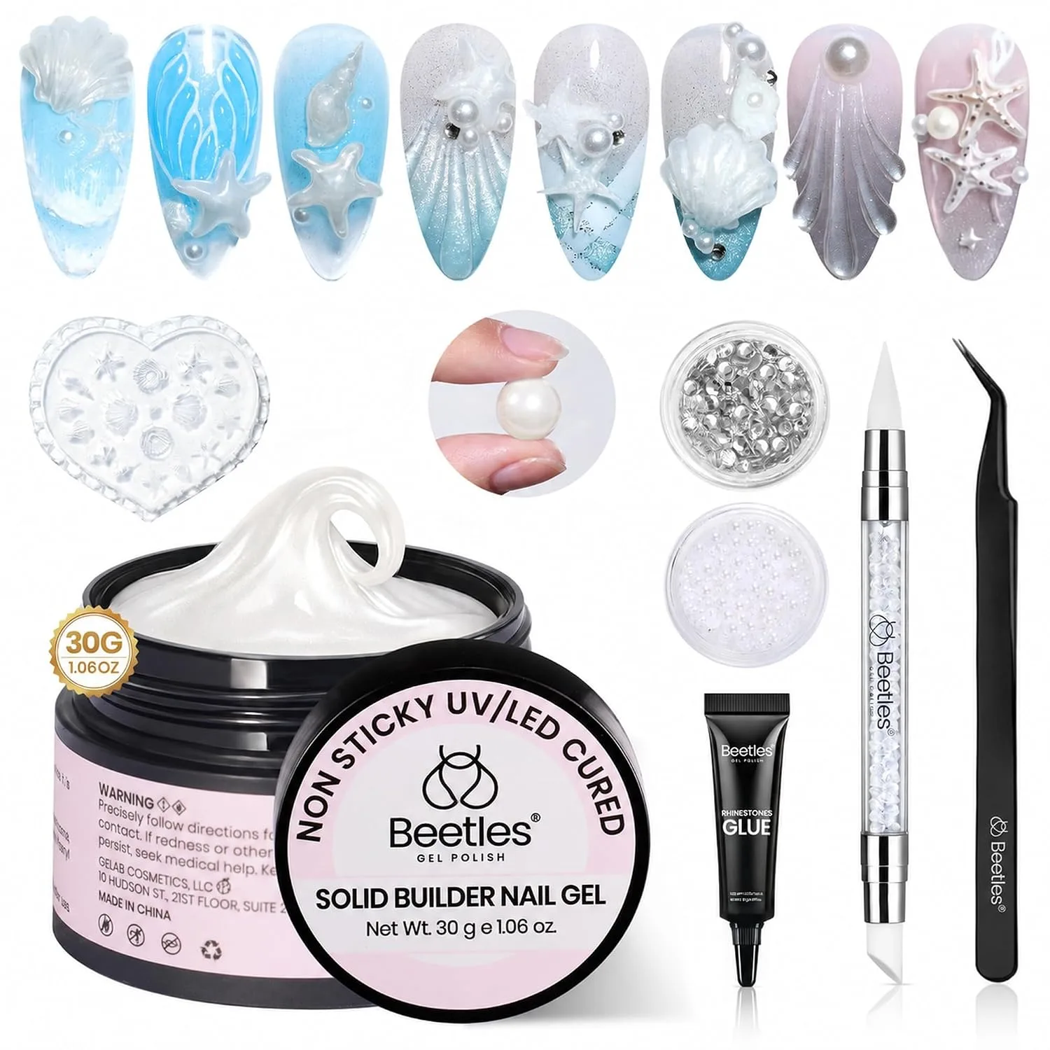 Gel para uñas Beetles 3D Pearl White 30g con molde y bolígrafo para esculpir