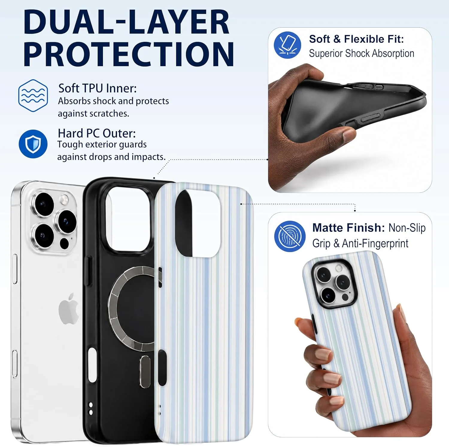Magnetic for iPhone 16 Pro Max Phone Case, Pastel Blue Striped
