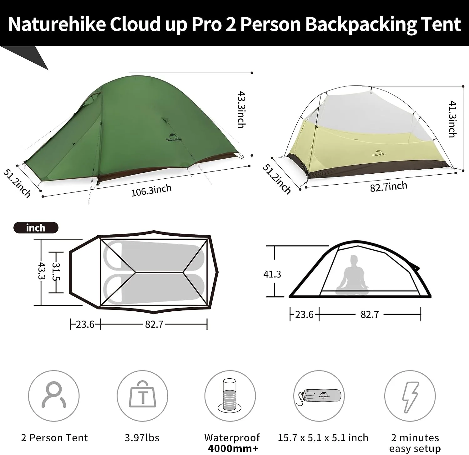 Naturehike Cloud-Up 2 Person Tent Lightweight Backpacking Tent with Footprint - Free Standing Ultralight Camping Hiking Backpack Tents Two Person Tent