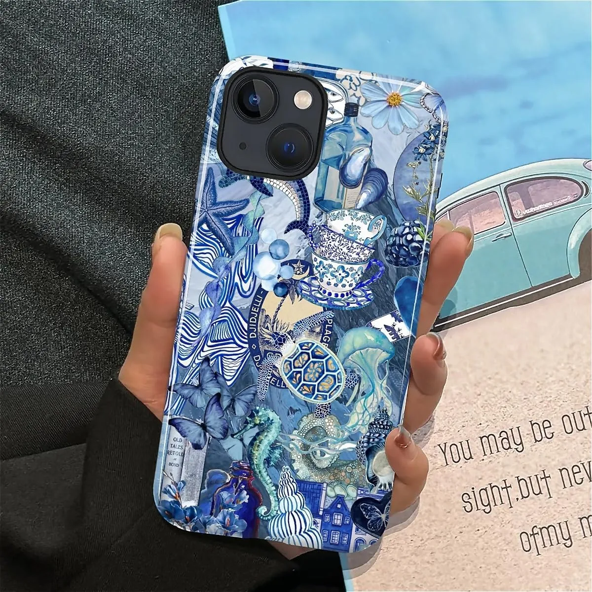 DAIZAG Case for iPhone 15,Mixed 2 Layer Design Shockproof Soft TPU Ddouble Protection Phone Case for iPhone 15-Blue Book Sea Life World