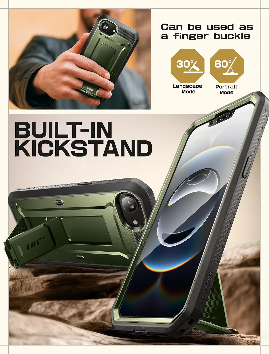 SUPCASE for iPhone 17e/16e Case with Stand & Screen Protector, Green