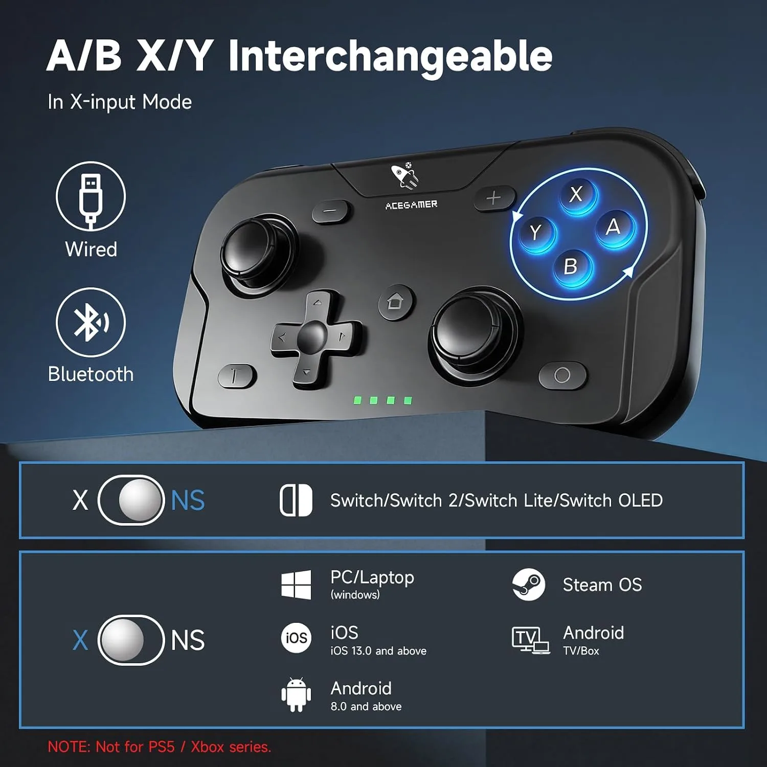 AceGamer 2 Pack Wireless Pocket Controller for Nintendo Switch/Switch 2/Android/iOS/PC/Steamdeck, Joystick Lift and Down Design, Bluetooth Gamepad with 6-axis Gyroscope/Turbo/Vibration/ 1000Hz