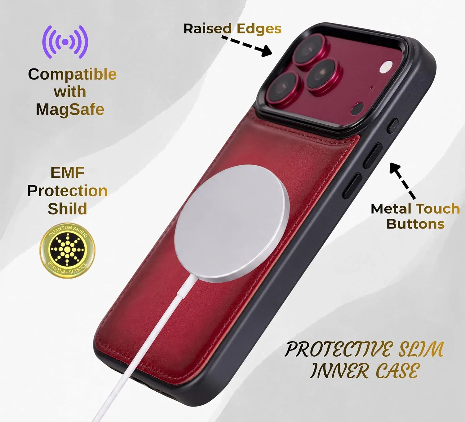 VENOULT Wallet Case for iPhone, Full Grain Genuine Turkish Leather, Magnetic Detachable, RFID 4 Card Slots, Business Style, Compatible with MagSafe (Cranberry, iPhone 17 Pro)