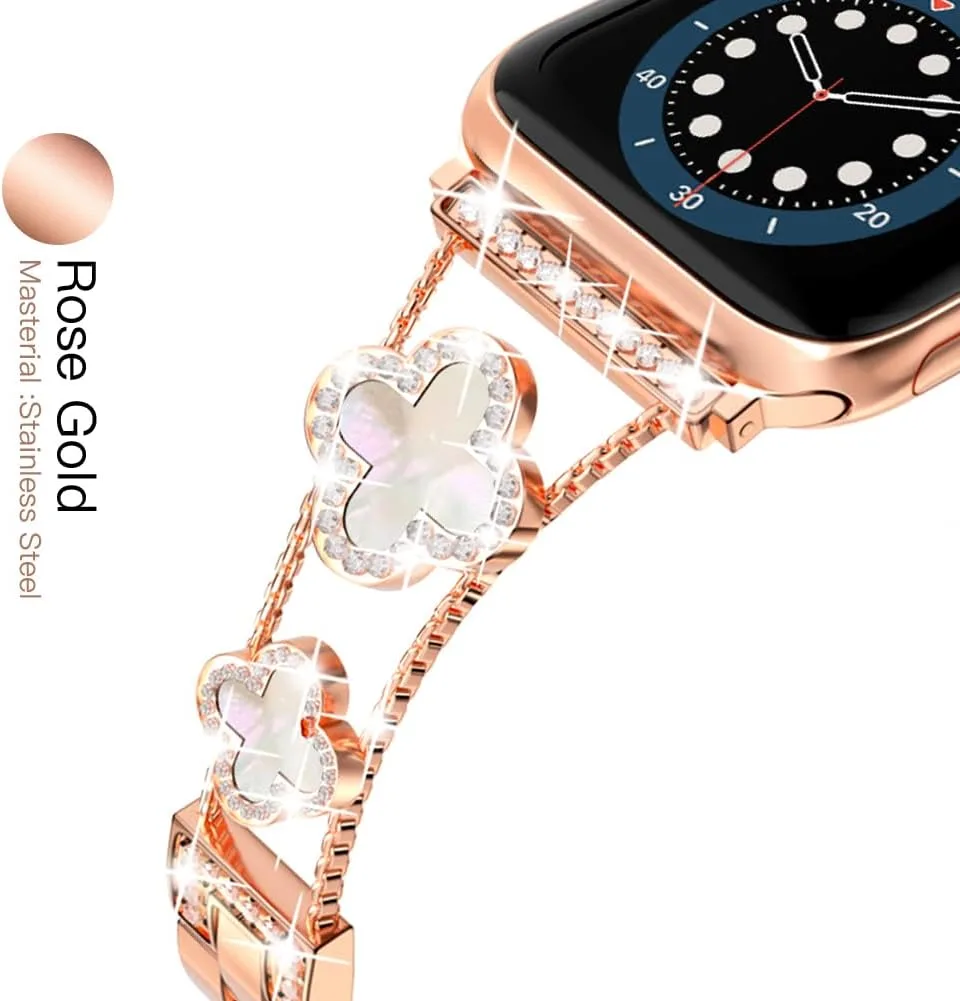 Musk-MSKR Diamond Metal Bands Add Sparkle to Your Watch For Apple Watch Series 12/11/10/9/8/7/6/5/4/3/2/SE/Ultra Clover Simple and Stylish Compatible with 38mm40mm41mm42mm44mm45mm 46mm49mm Women's Wear
