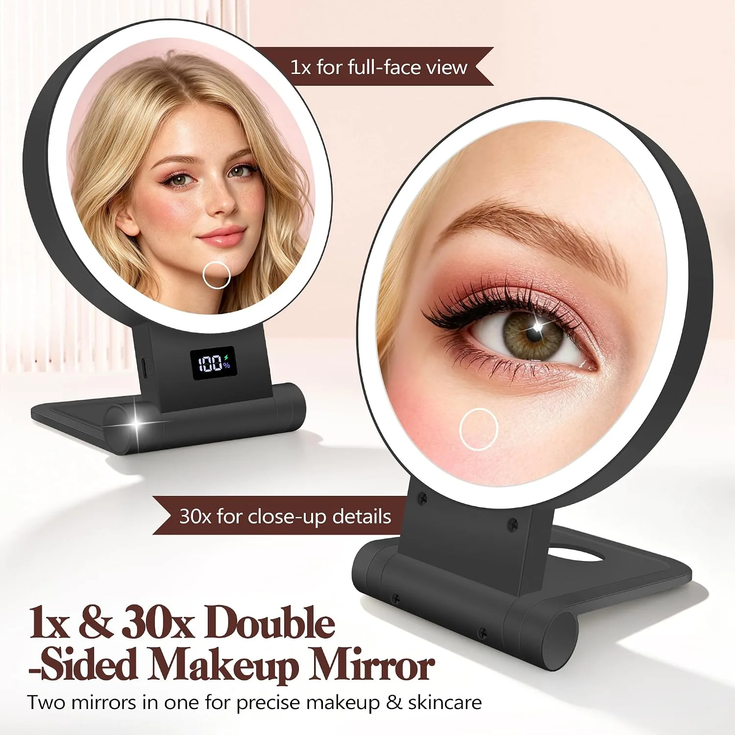 B Beauty Planet Magnifying Mirror with Light 30X, 2000mAh 1X/ 30X Makeup Mirror with Standable Base & Tweezers, 3 Color Modes with Adjustable Brightness& Smart Display, Foldable for Travel Black