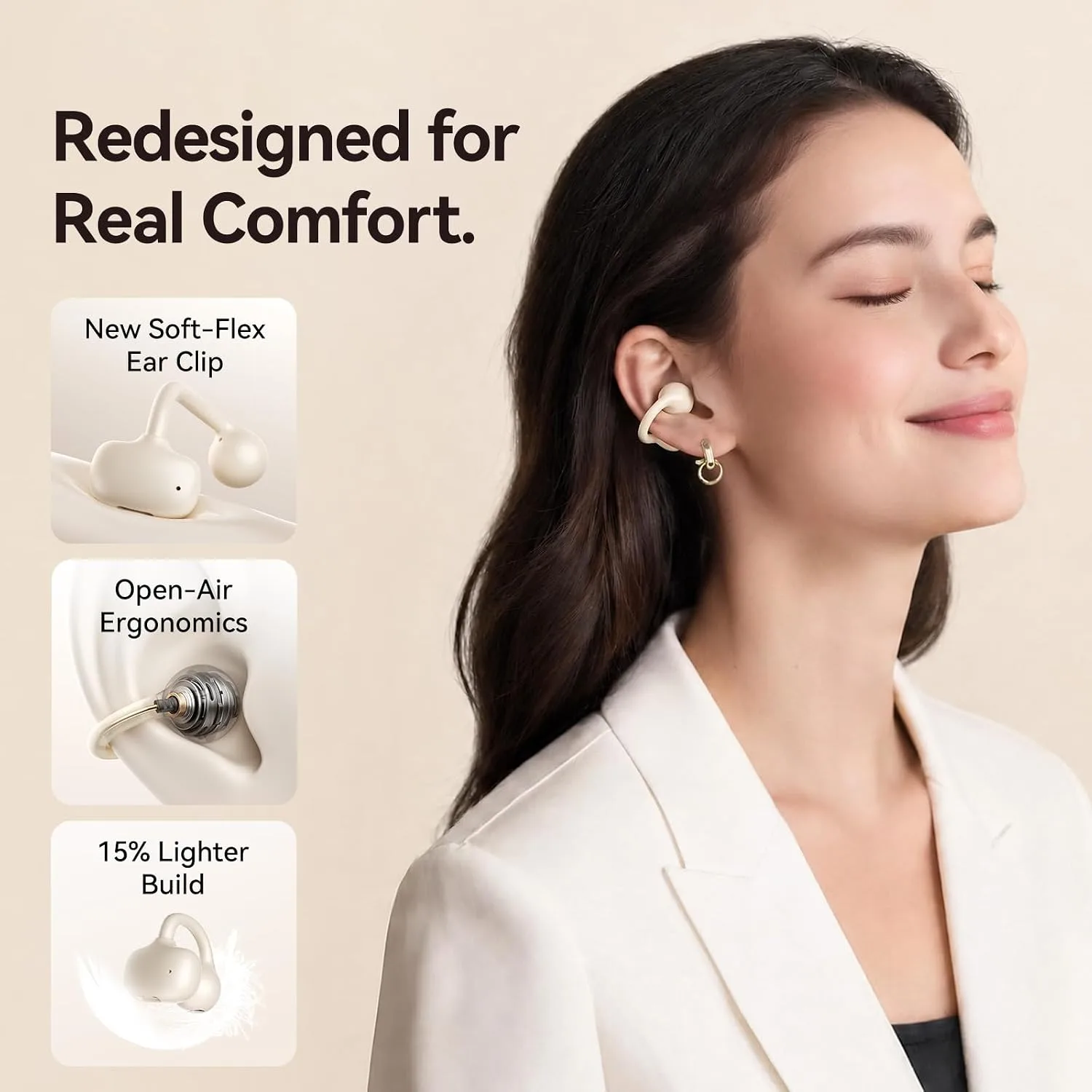 Kinglucky Upgraded Clip-On Earbuds Comfortable fit & Crystal-Clear Sound, 40H Playtime Open Ear Buds Bluetooth6.0 Wireless Headphones for Women Ideal for Small Ears,Sports,Workouts,Glasses White