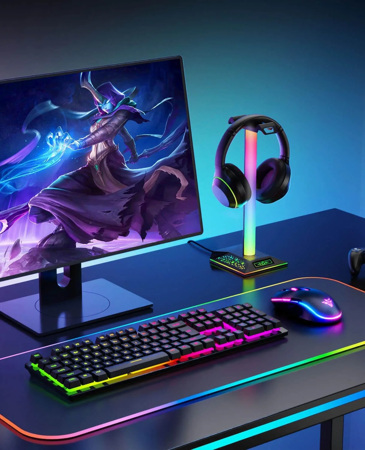 RGB Gaming Headset Stand, LED Headset Holder with 3 Charging Ports (2 USB & 1 Type-C) & 10 Lighting Modes, Headphone Stand Cool Stuff for Boys, Desk PC Gaming Accessories Gifts for Gamers Men Adult