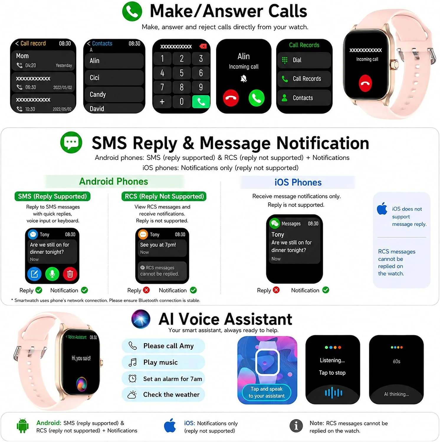 Smart Watch, GPS & Free Maps, 1.96" HD Screen, AI, Bluetooth Call & Text
