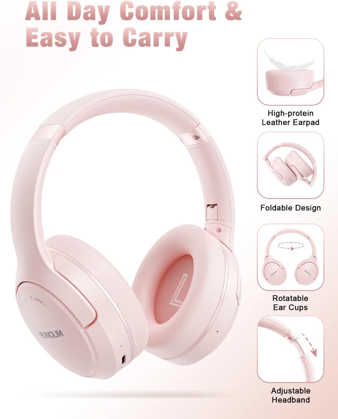 RUNOLIM Active Noise Cancelling Headphones, Wireless Bluetooth Over Ear