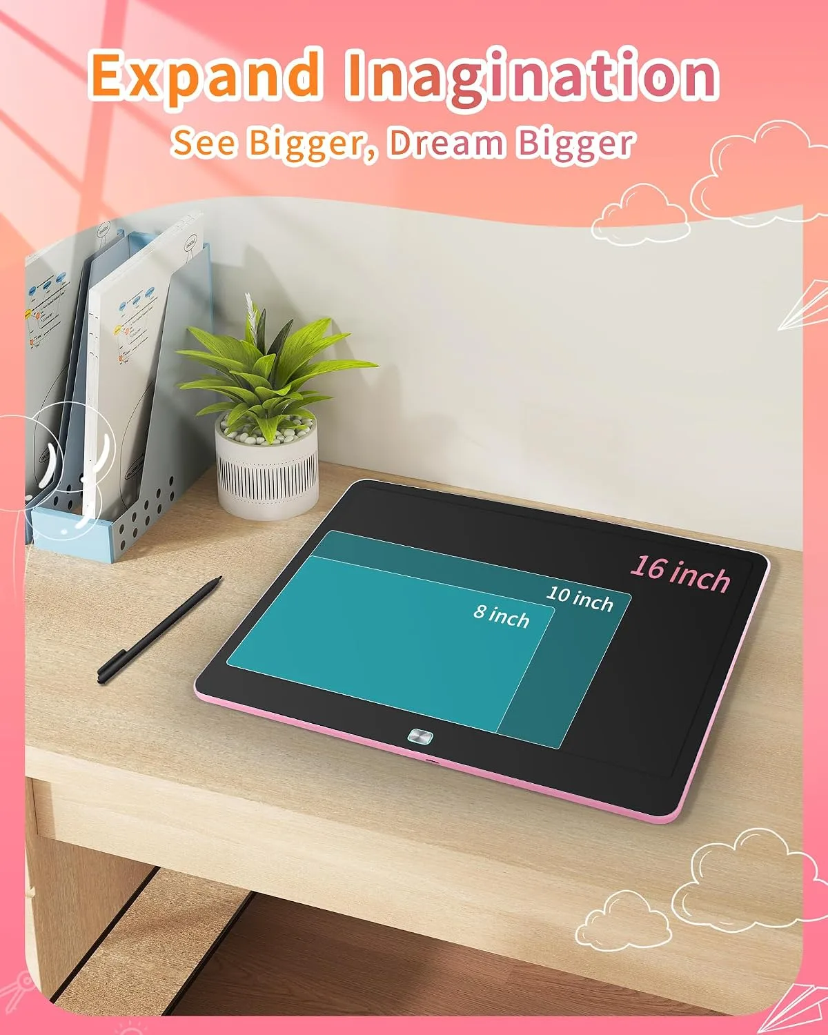 Rechargeable LCD Writing Tablet for Kids, 16 Inch Colorful Drawing Tablet, Educational Toddler Drawing Pad, ​Reusable Learning Toys for Kids (Ages 3-12), Ideal Gift for Christmas Birthday (Pink)