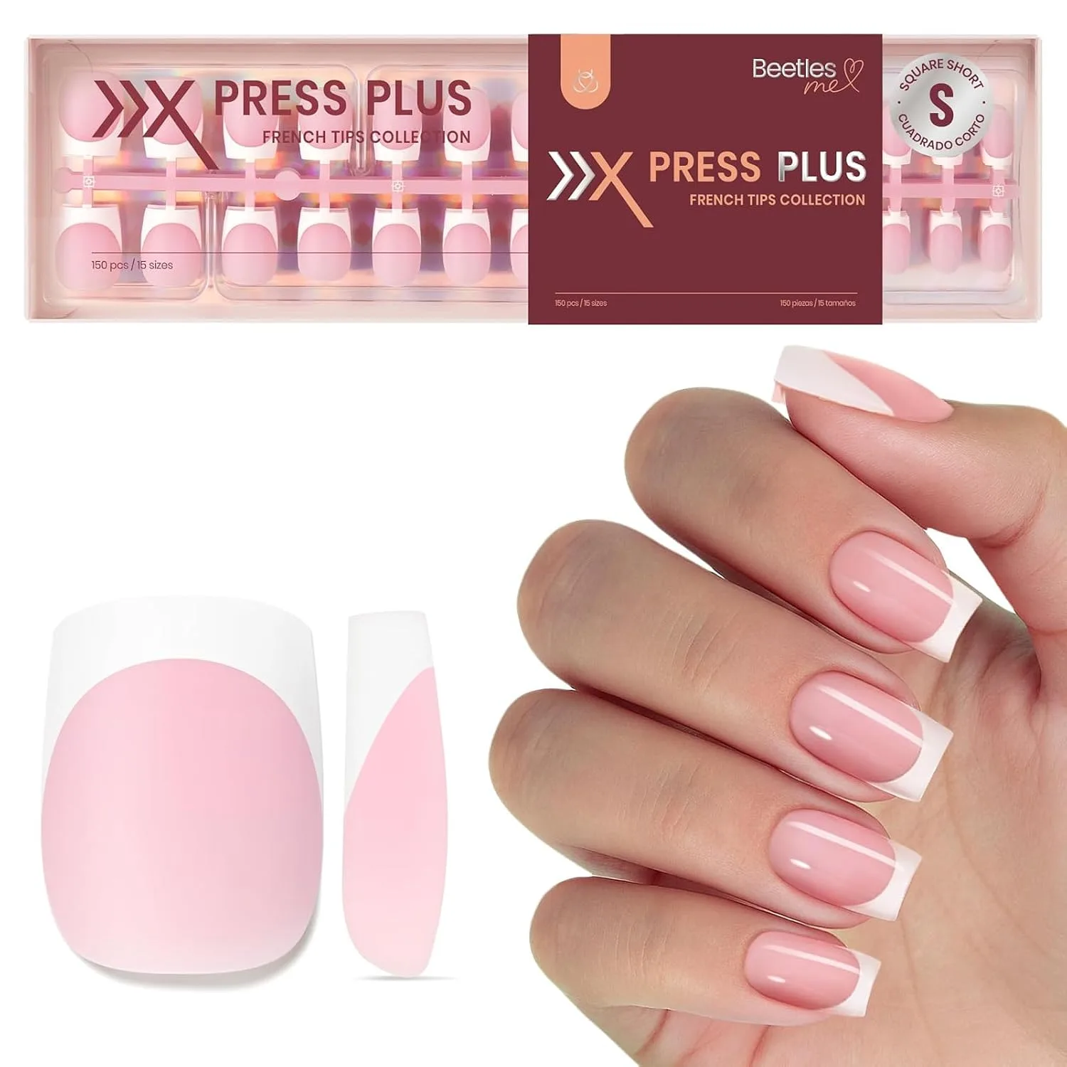 Beetles Pink French Tips Press On Nails- Short Square 150 Pcs