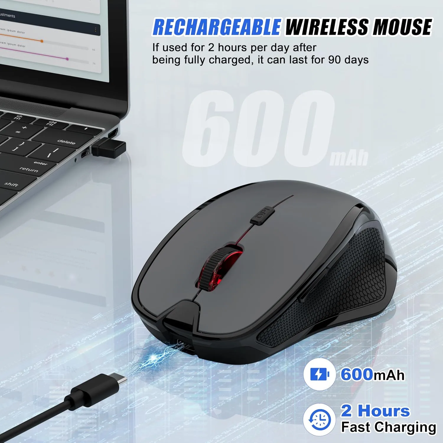 Bluetooth Wireless Laptop Mouse for MacBook Air Pro iPad Mac, Ergonomic Rechargeable Mouse with Jiggler Mode, 2 Mode Bluetooth & 2.4G USB-A/USB-C Receiver, Silent Optical Computer Mice, Grey