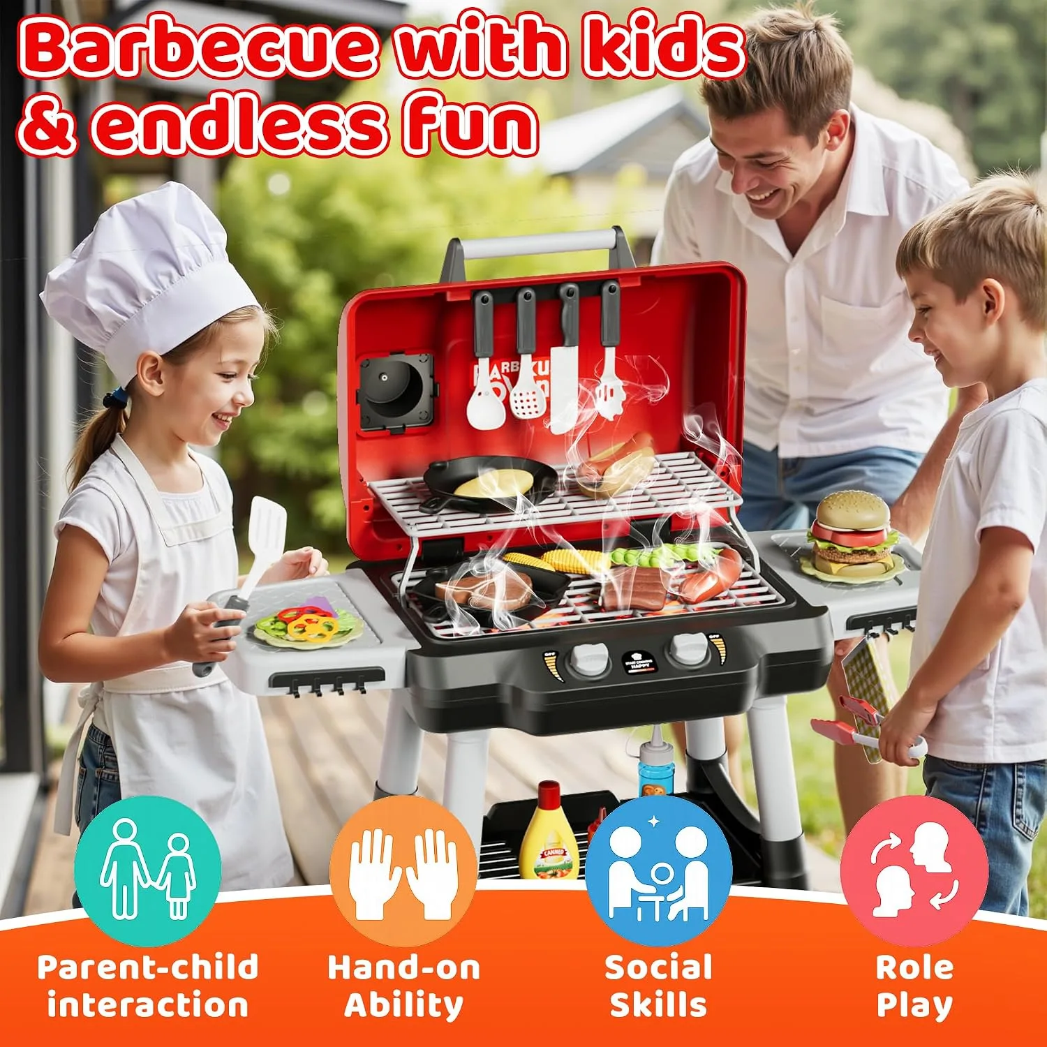 2-Tier Kids BBQ Grill Playset, Toy Grill for Kids, Outdoor Play Food