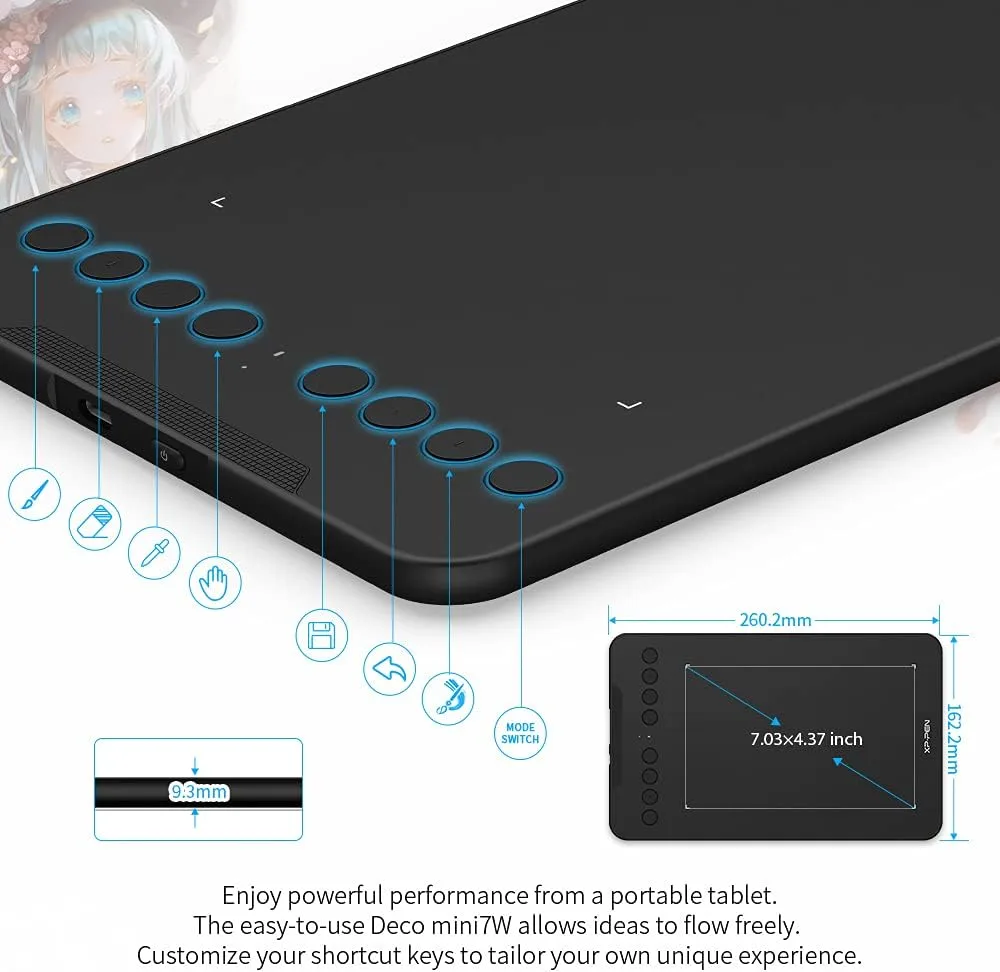 Drawing Tablet-XPPen Deco mini7W 7 x 4 inch Bluetooth 5.0 Graphic Tablet Pen Tablet with 16394 Levels Pressure,for Online Teaching/E-Learning Compatible with Window/Mac/Android/Chrome/Linux