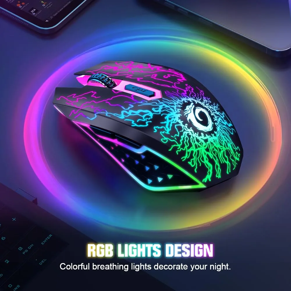 VersionTECH. Wireless Gaming Mouse, Rechargeable Computer Mouse Mice with Colorful LED Lights, Silent Click, 2.4G USB Nano Receiver, 3 Level DPI for PC Gamer Laptop Desktop Chromebook Mac-Black