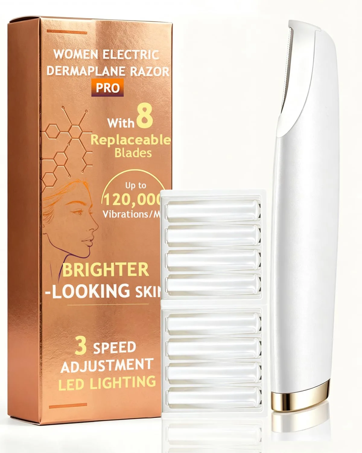 Dermaplane Razor for Women Face |Sonic Facial Hair Remover with LED Light, Electric Peach Fuzz Remover & Facial Exfoliation Tool for Smooth-Looking Skin, Eyebrow Grooming, 8 Replacement Blades,White