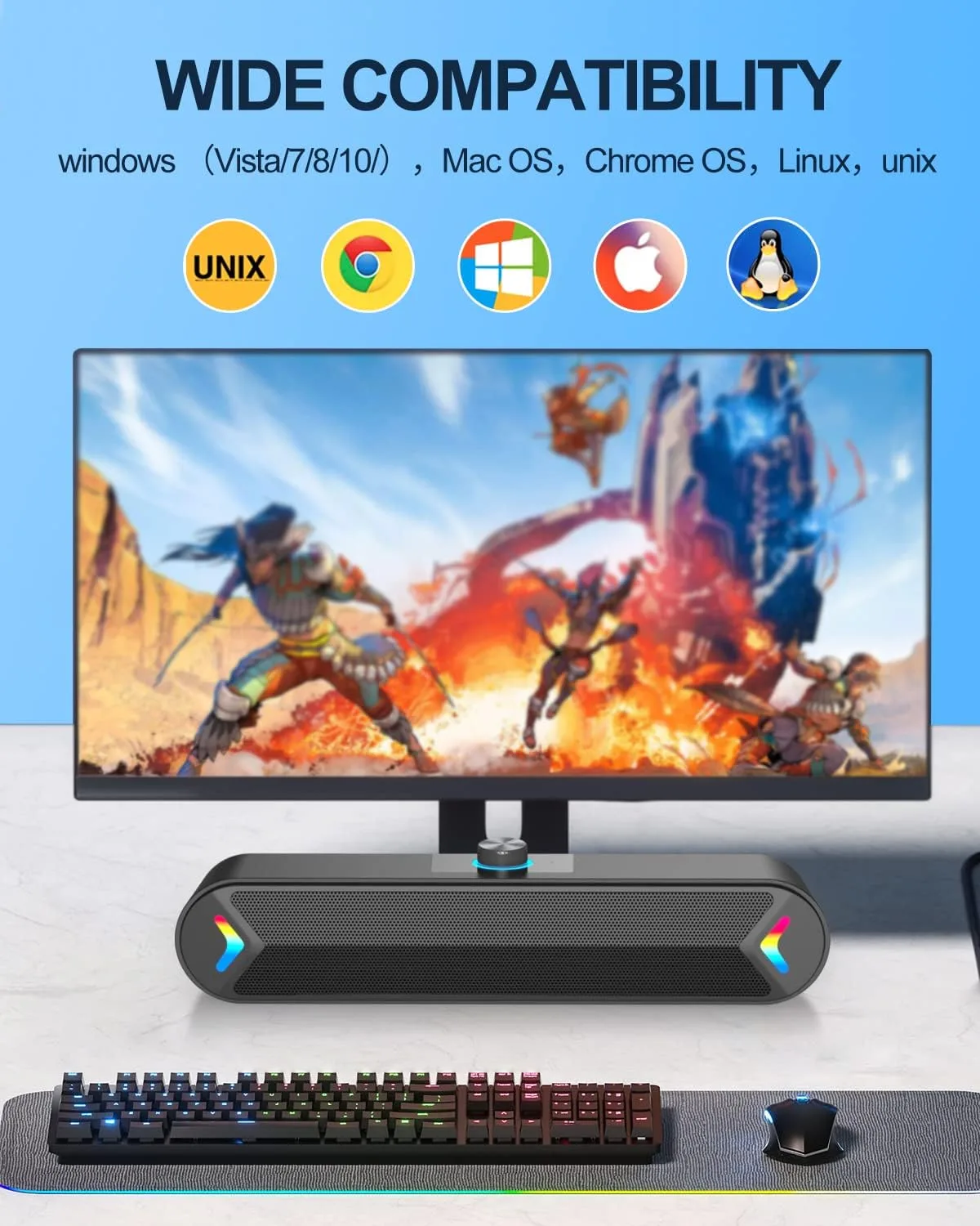 LENRUE Computer Speakers for Desktop,PC Speakers with Basic Stereo Sound & Colorful Lights, Single USB for Both Power and Audio,Desktop Laptop Sound Bar Speakers for Movies,Music(Black-USB)
