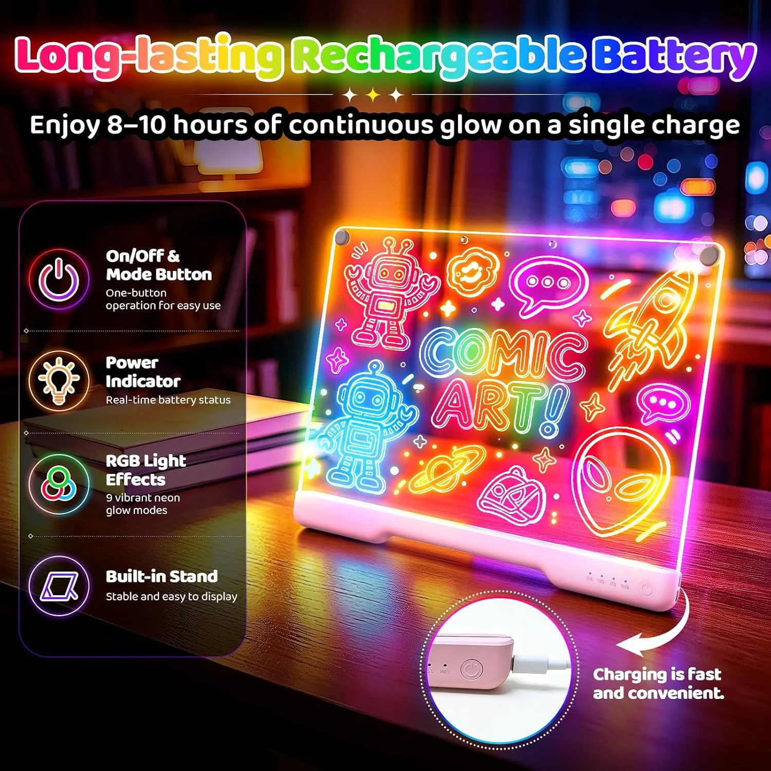 Geokay 16" Rechargeable LED Drawing Board with 9-Color Light Effects