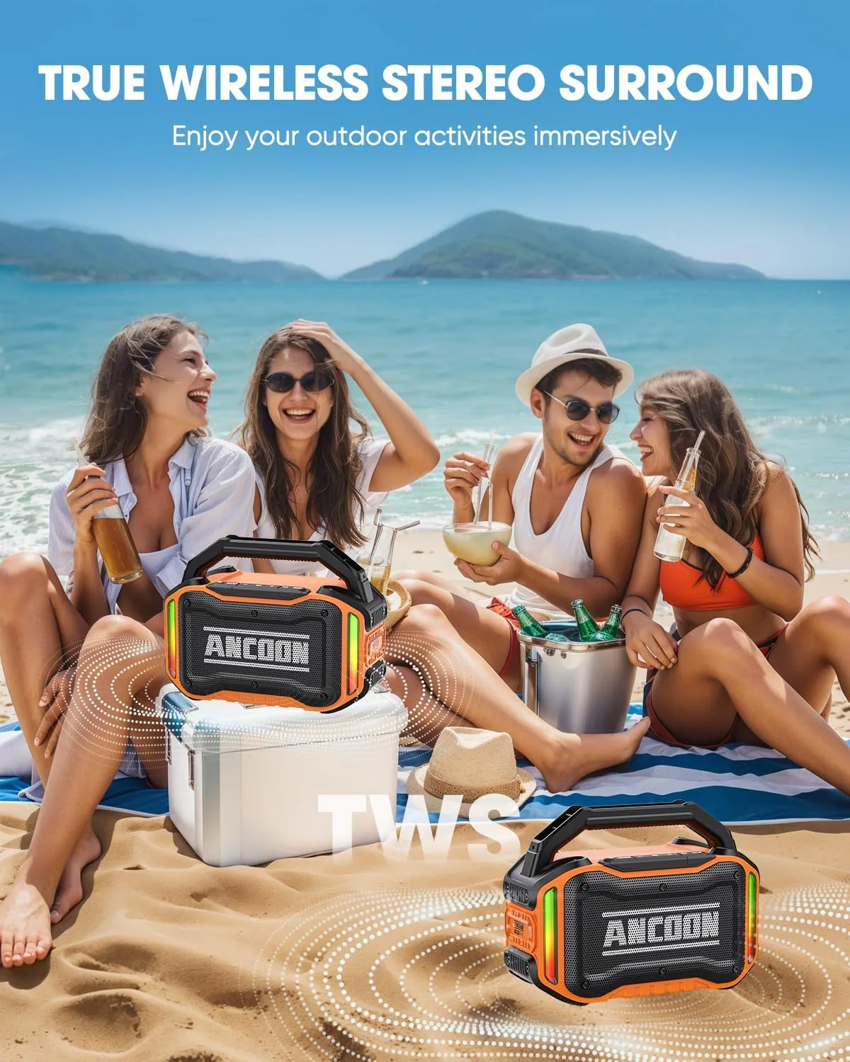 ANCOON Speakers Bluetooth Wireless: 80W(Peak) Loud Speaker with Bass, 20H Playtime, IPX6 Waterproof, Large Jobsite Speakers for Work, Outdoor, Workshop, Garage, Portable Speaker with TWS (Orange)