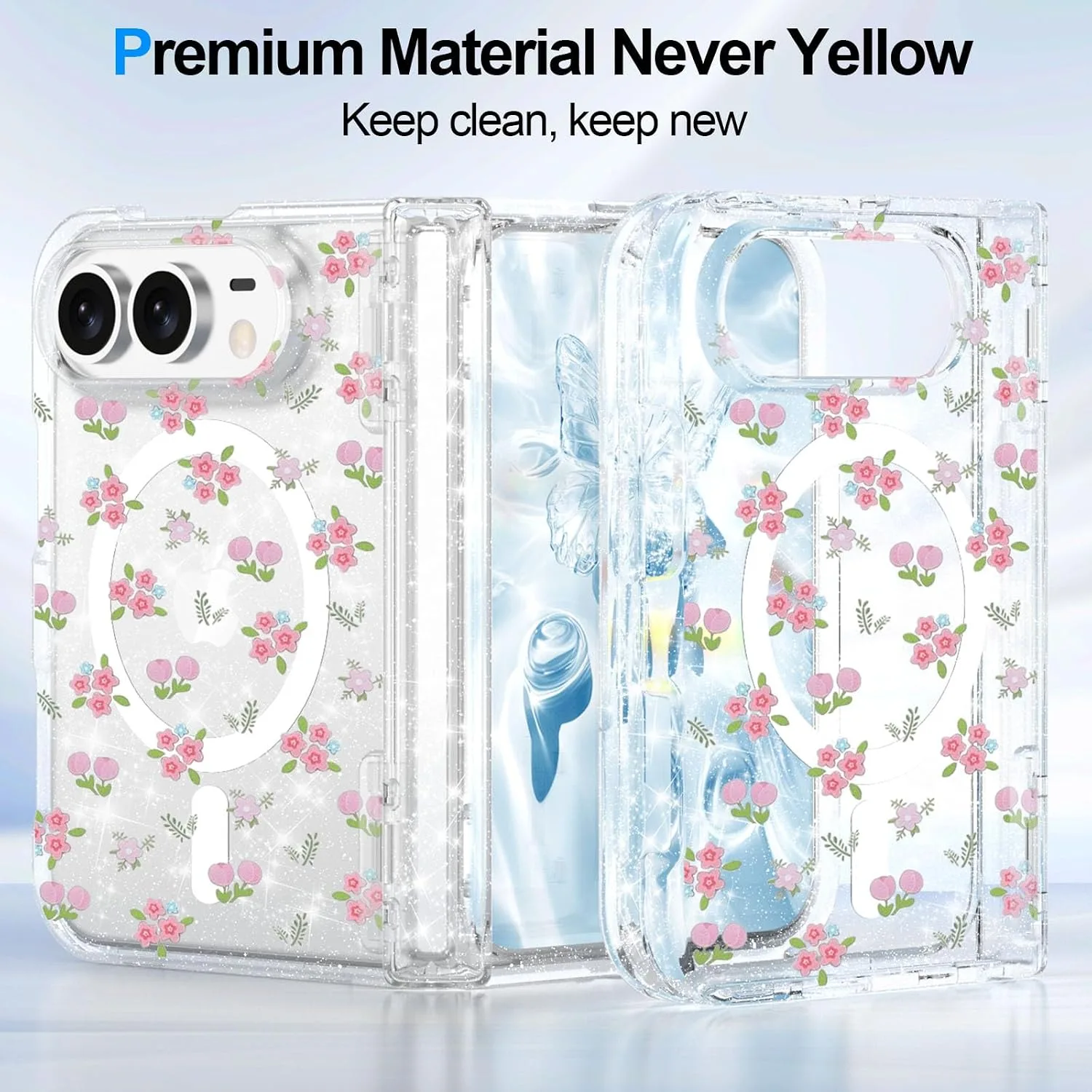 for iPhone Duo Case Clear Glitter Magnetic with Hinge Protection
