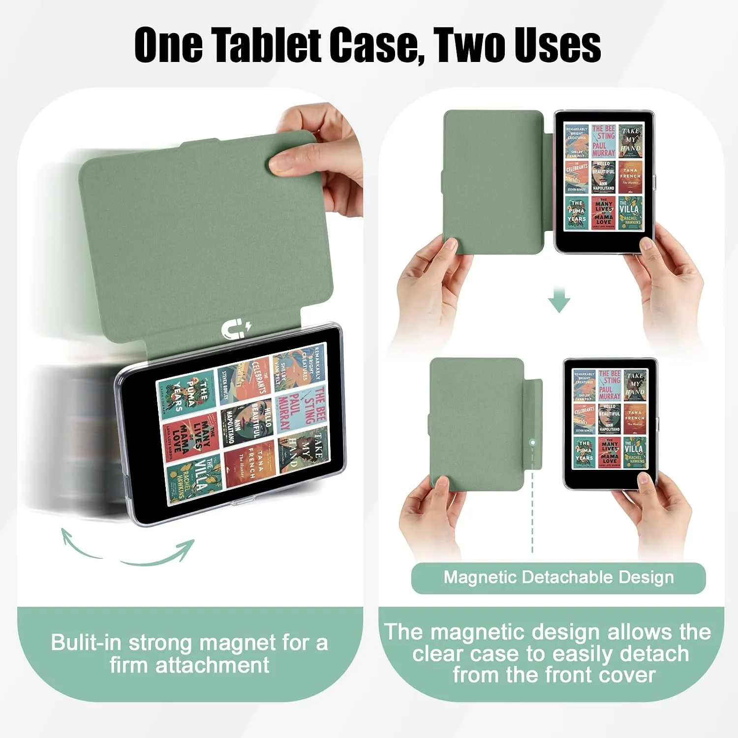 E NET-CASE Detachable Magnetic Case for 6" Kobo Clara Colour (2024) /Clara BW(2024) /2E(2022) eReader,Ultra Clear Back丨Easy to Detach & Attach丨Auto Sleep/Wake (Grass Green)