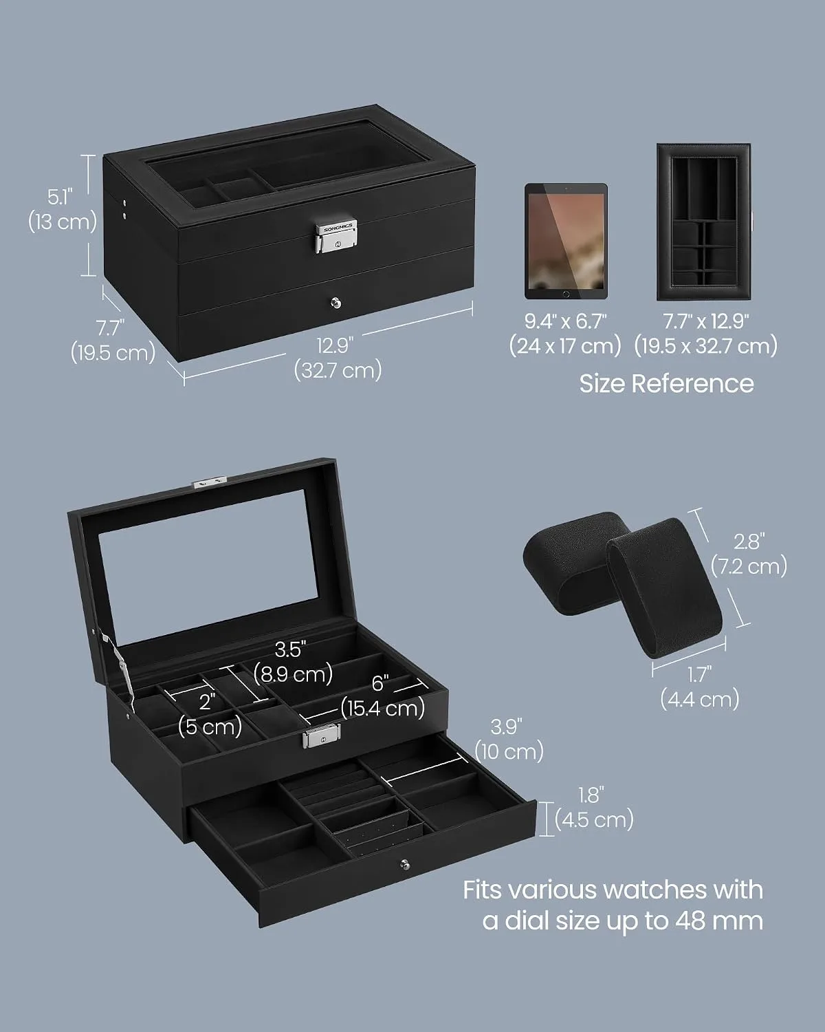 SONGMICS Watch Box for Men, 2-Tier Case with 6 Slots and Glass Lid