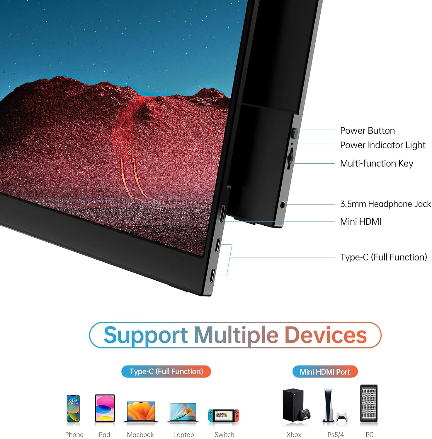 MNN 15.6" FHD 60Hz Portable Monitor USB-C HDMI IPS HDR Gaming (Ink Black)