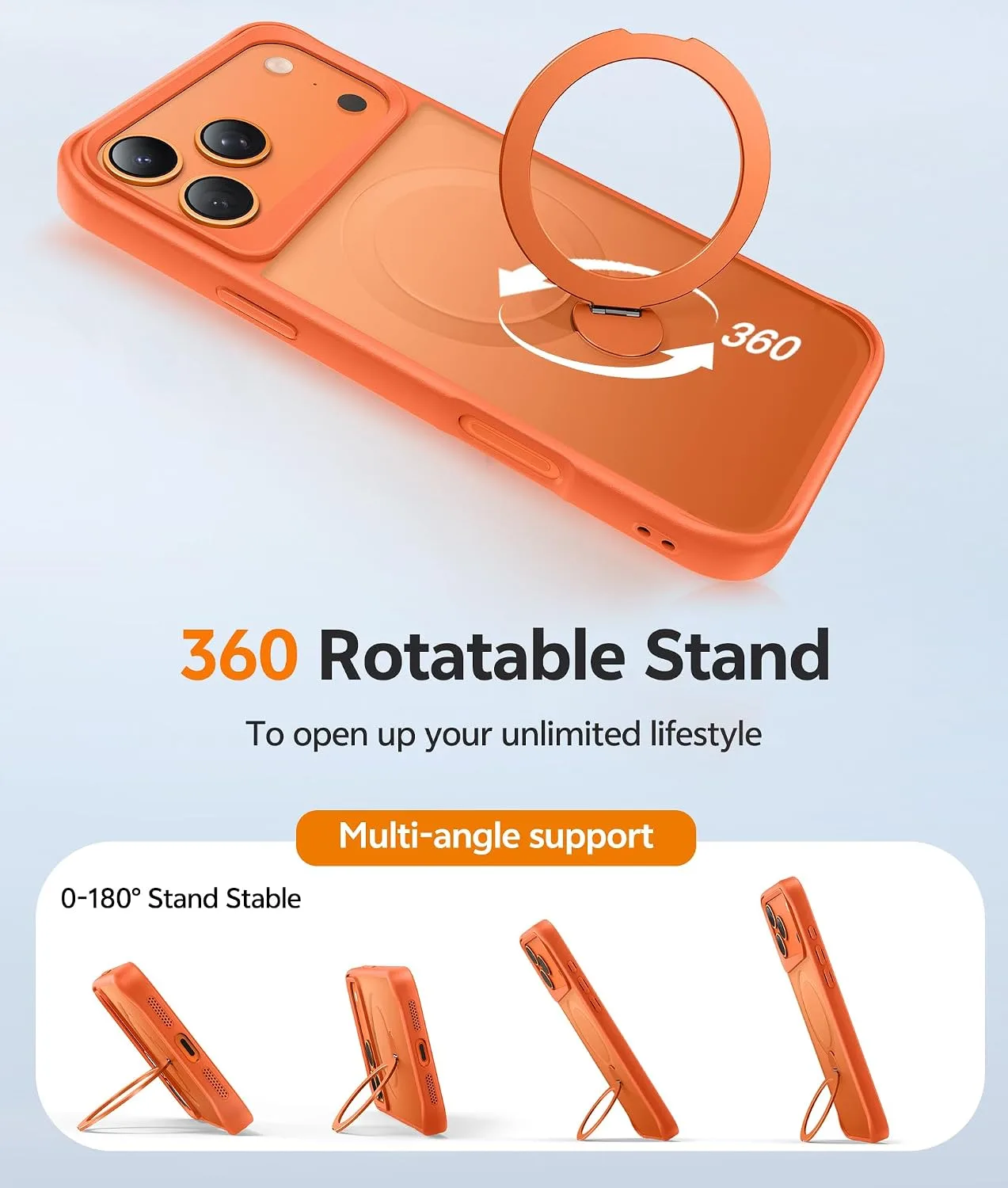 for iPhone 18/17 Pro Max Case with 360 Rotatable Magnetic Invisible Stand, [Screen Protector] Fits for MagSafe, Mil-Grade Shockproof Protective Translucent Matte Phone Cover, 6.9", Orange