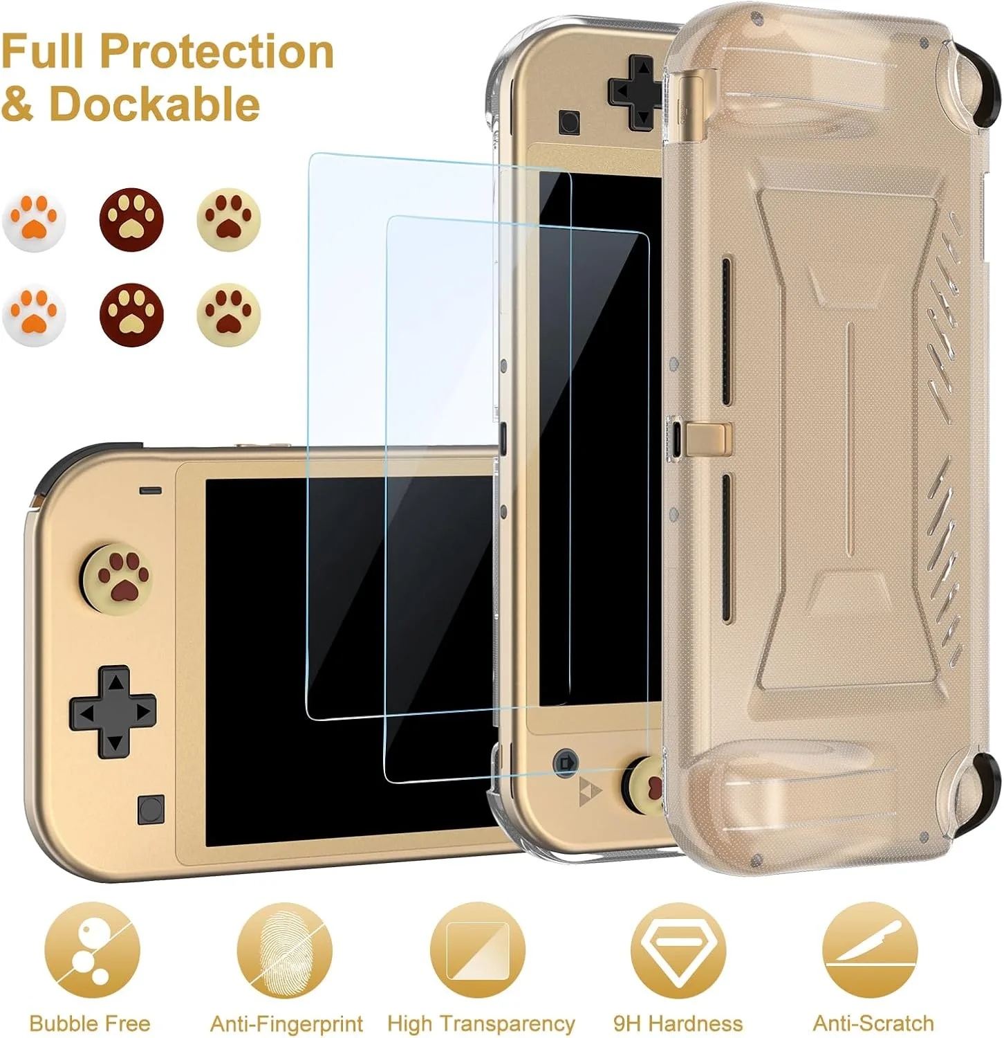 innoAura Switch Lite Case 18-in-1 Accessories Bundle for NS Switch Lite (2019), with Protective Carrying Case, Game Holder, Screen Protector & Cute Thumb Grips, Golden