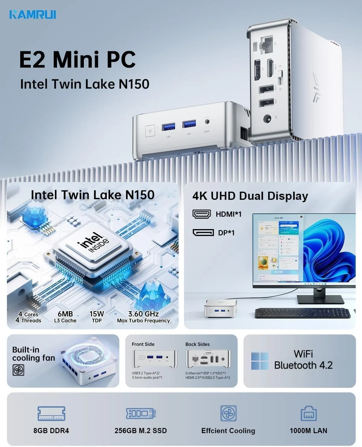 KAMRUI Essenx E2 N150 Mini PC, 8GB DDR4 256GB SSD Mini Computers