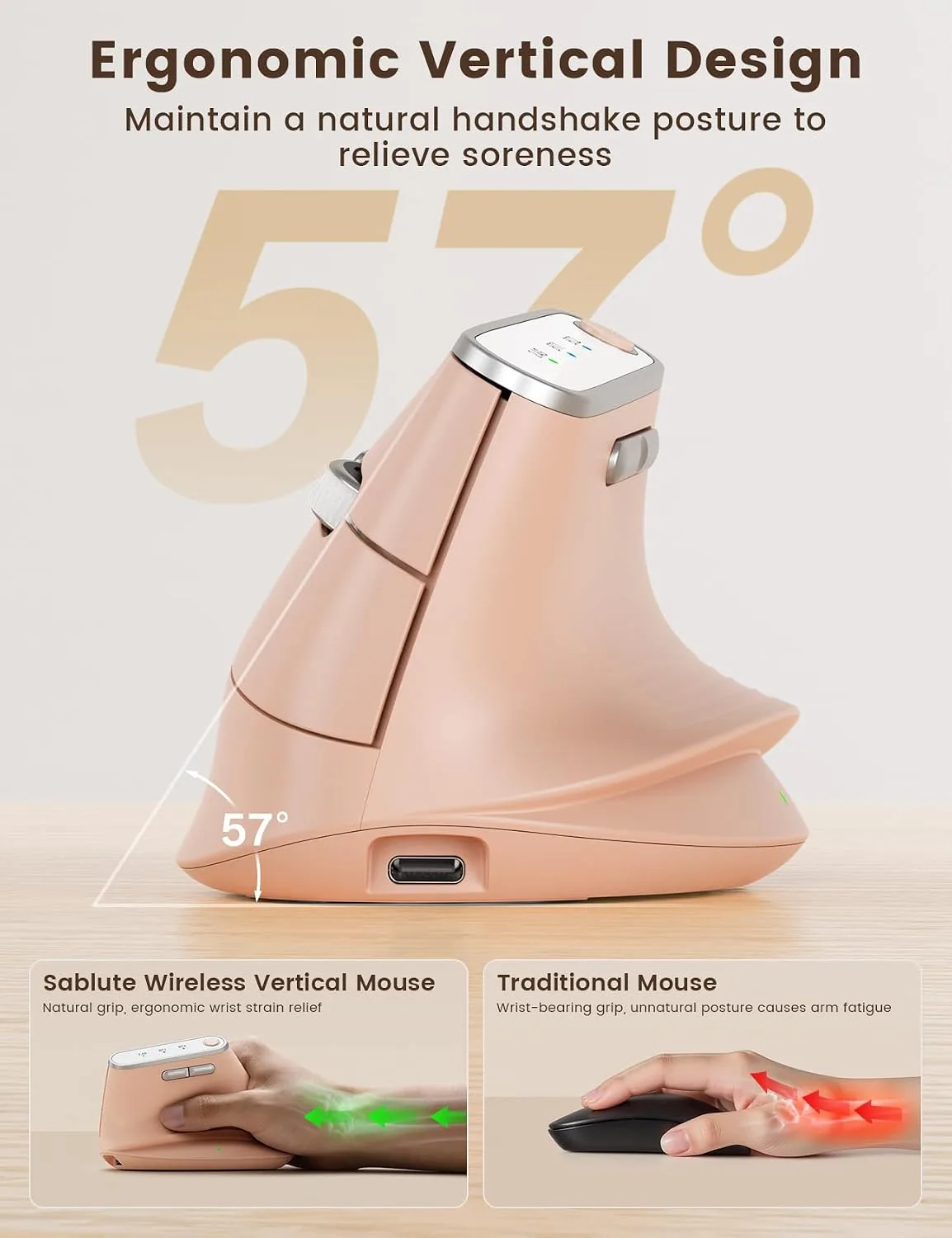 SABLUTE Ergonomic Vertical Wireless Mouse with 3-Device Switching MAM4