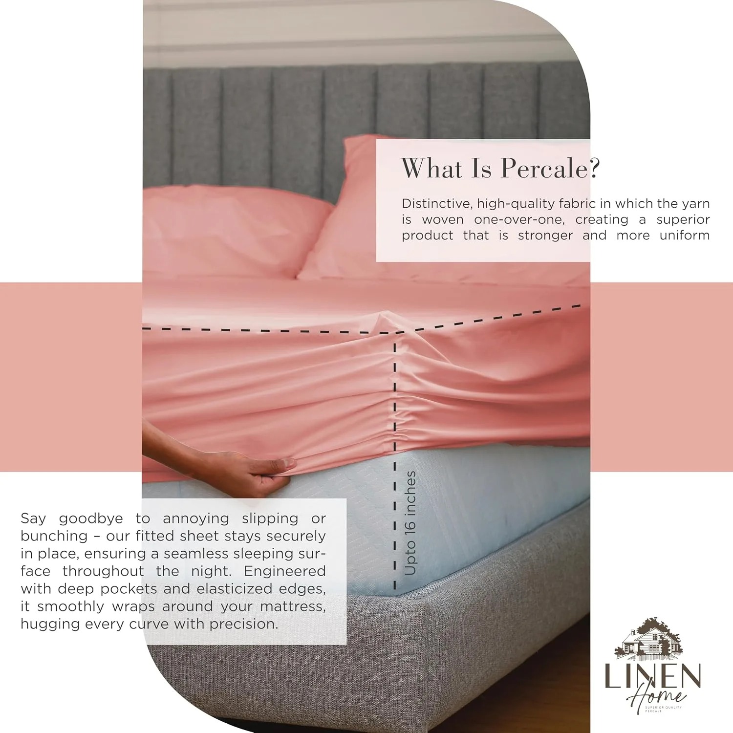 Linen Home 100% Cotton Percale King Sheets, 4Pc Cooling Set - English Rose