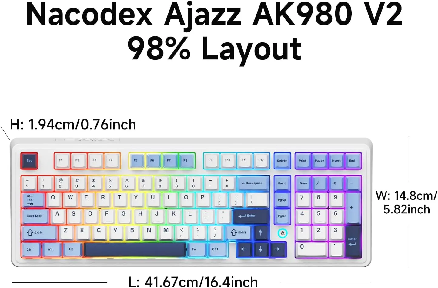 ACODEX Ajazz AK980 V2 Blue White Wireless Mechanical Gaming Keyboard,Tri-Mode BT5.0/2.4GHz/USB-C, Hot Swappable RGB Backlit Computer Gaming Keyboards for PC/Tablet/PS/Xbox