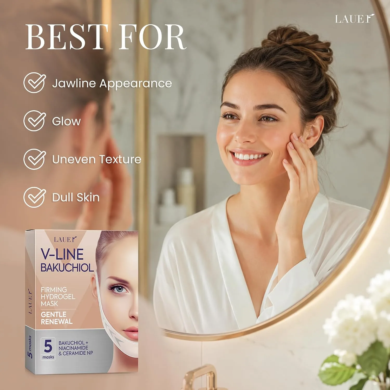 LAUER COSMETIC V-Line Bakuchiol Hydrogel Mask for Chin & Jawline, 5 Count