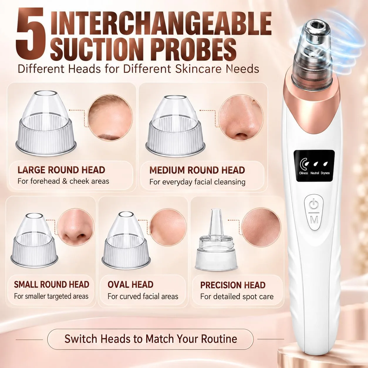 Pore Vacuum Blackhead Remover, 3 Suction Levels, 5 Interchangeable Heads