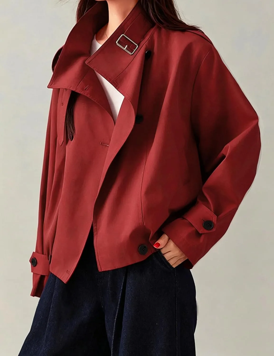 Megfie Jackets for Women Vintage Trench Coat Funnel Neck Cropped Jackets