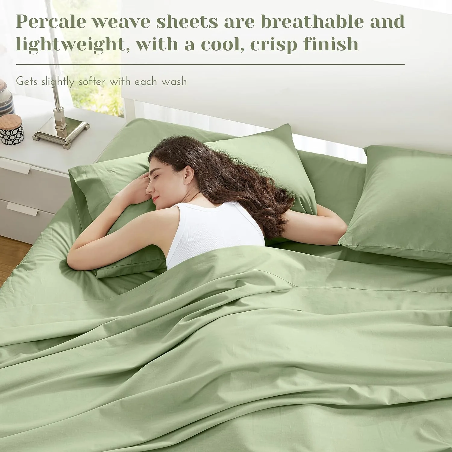 Comfort Spaces 100% Cotton Percale Sheets Queen Sheet Set 4 Pcs, Sage Green