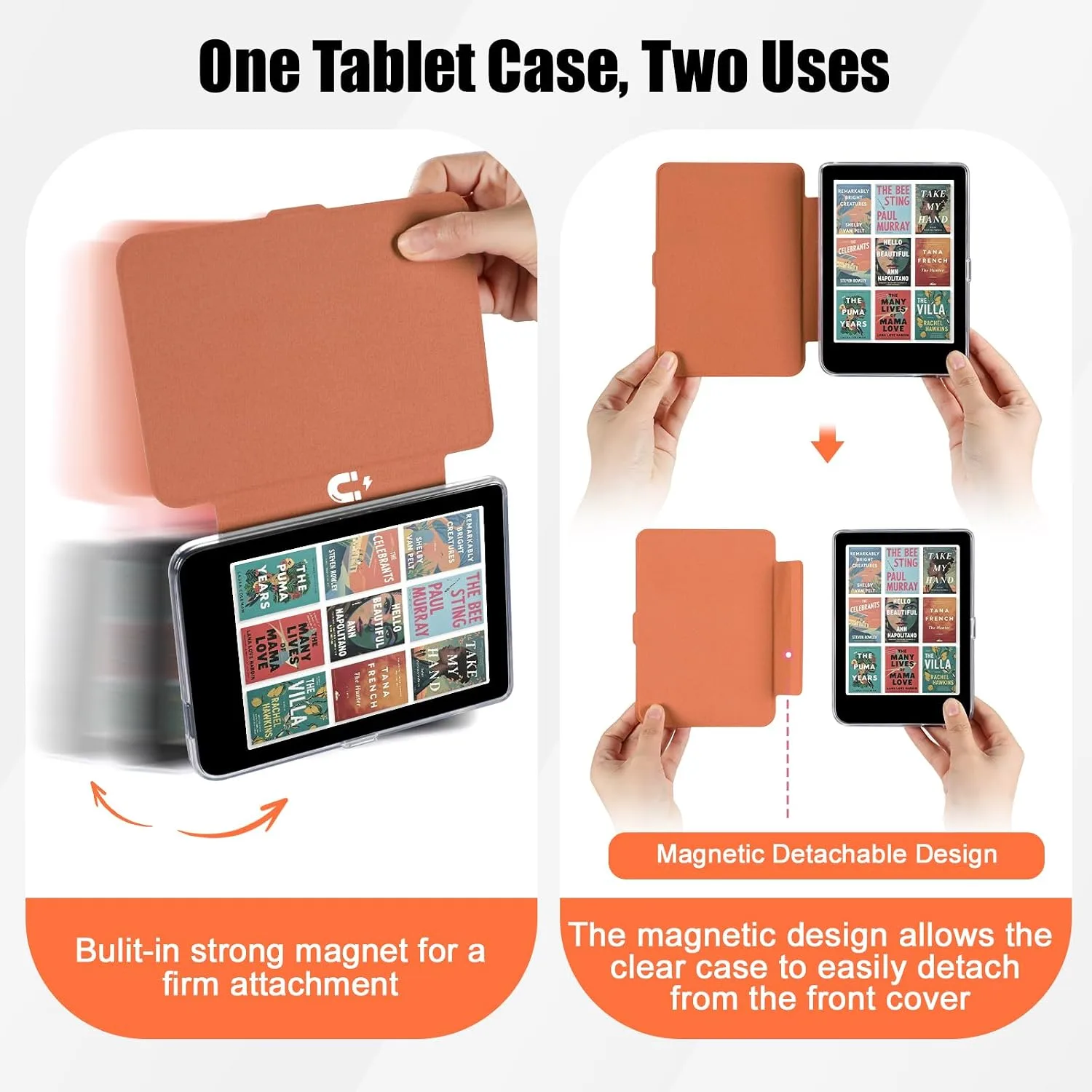 E NET-CASE Detachable Magnetic Case for 6" Kobo Clara Colour (2024) /Clara BW(2024) /2E(2022) eReader,Ultra Clear Back丨Easy to Detach & Attach丨Auto Sleep/Wake (Orange)