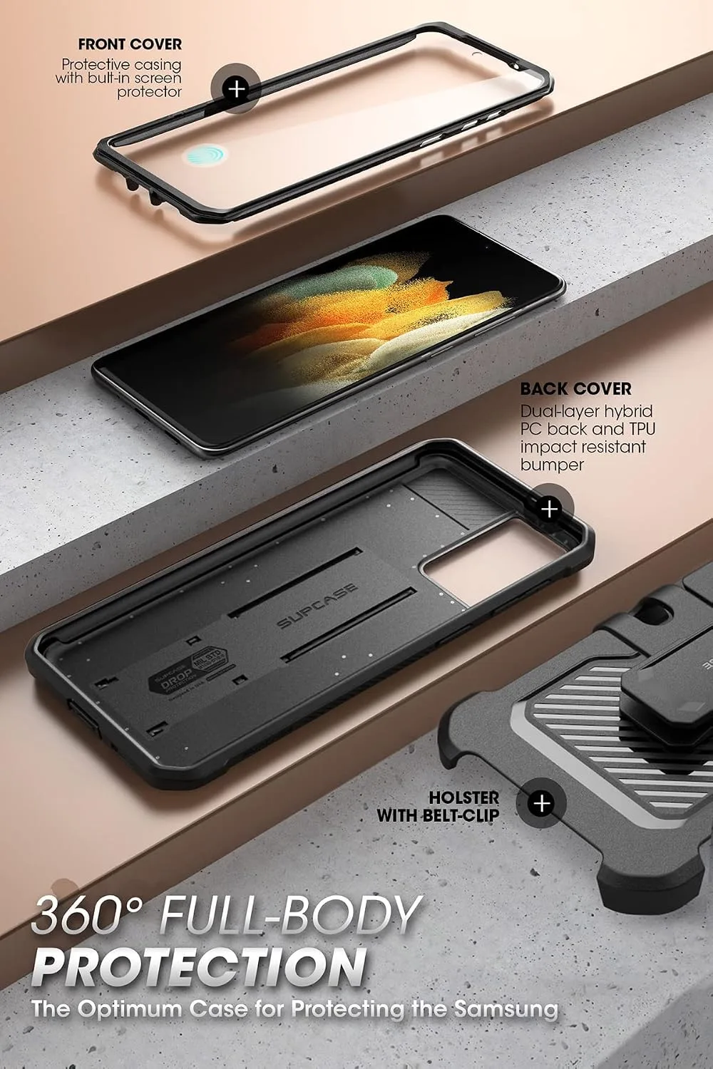 SUPCASE for Galaxy S21 FE Case with Built-in Screen Protector, Black
