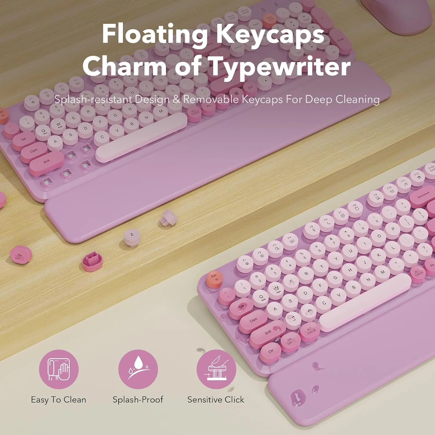 Wireless Keyboard and Mouse, Round Keycaps, Magnetic Wrist Rest, Lilac