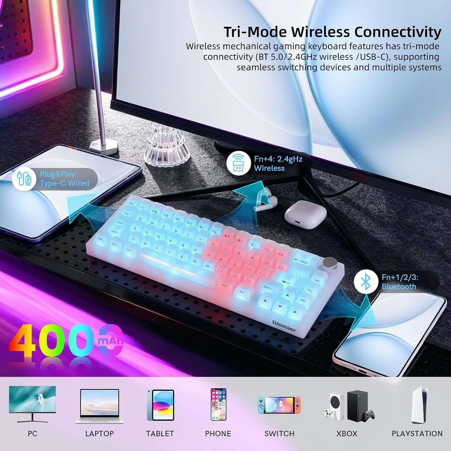 Womier Wireless 60% Gaming Keyboard with Dedicated Knob,Mechanical Keyboard